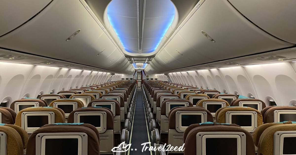 Empty airplane economy class cabin interior